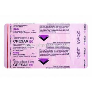 Cresar, Telmisartan 80mg tablets back