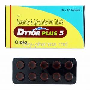 Dytor Plus, Spironolactone 50mg and Torasemide 5mg box and tablets