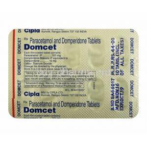 Domcet, Domperidone and Paracetamol tablets back