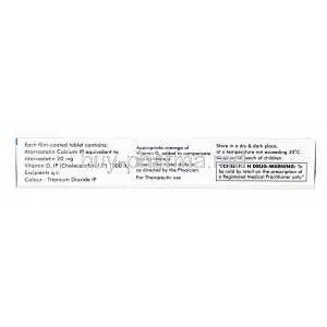 Avas20  D,  Atorvastatin (20mg) + Vitamin D3 (1000IU), Tablet, box information