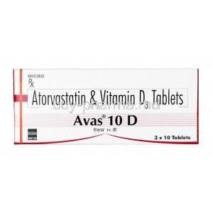 Avas10  D, Atorvastatin (10mg) + Vitamin D3 (1000IU), Tablet, box