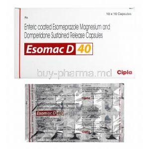 Esomac D, Domperidone 30mg and Esomeprazole 40mg box and capsules