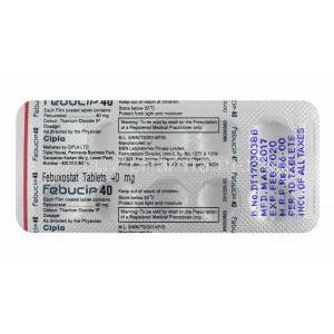 Febucip, Febuxostat 40mg tablets back