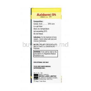 Aziderm Gel, Azelaic Acid 20%, Gel, box information