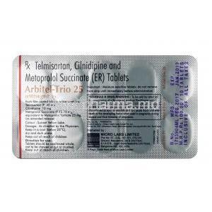 Arbitel Trio, Cilnidipine 10mg + Metoprolol Succinate 25mg + Telmisartan 40mg,ER Tablet,  sheet information