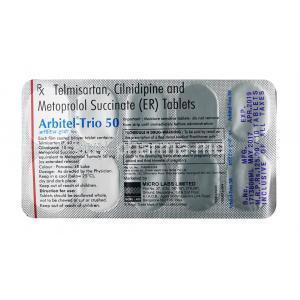 Arbitel Trio, Cilnidipine 10mg + Metoprolol Succinate 50mg + Telmisartan 40mg,ER Tablet, sheet information