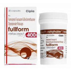 Fullform Rotacap, Beclometasone 400mcg and Formoterol 6mcg box and bottle