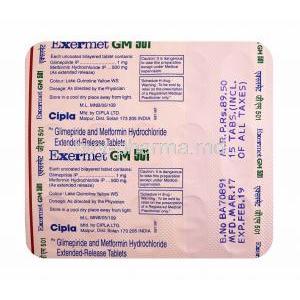 Exermet GM, Glimepiride 1mg and Metformin 500mg tablets back