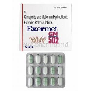 Exermet GM, Glimepiride 2mg and Metformin 500mg box and tablets