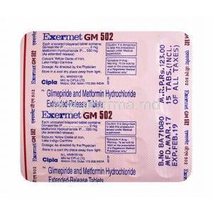 Exermet GM, Glimepiride 2mg and Metformin 500mg tablets back