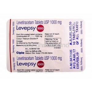 Levepsy, Levetiracetam 1000mg tablets back