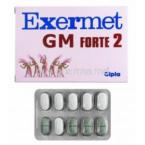 Exermet GM Forte Glimepiride 2mg and Metformin 1000mg box and tablets
