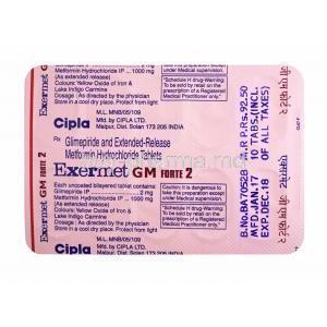 Exermet GM Forte Glimepiride 2mg and Metformin 1000mg tablets back