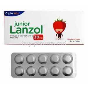 Junior Lanzol Strawberry Flavour, Lansoprazole 30mg box and tablets