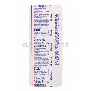 Glimcip, Glimepiride 1mg tabelts back