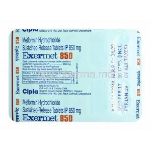 Exermet, Metformin 850mg tablets back