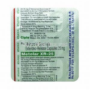 Metolar, Metoprolol Succinate 25mg capsules back
