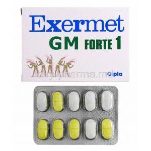 Exermet GM, Glimepiride 1mg and Metformin 1000mg box and tablets