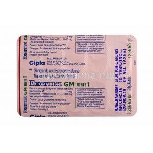 Exermet GM, Glimepiride 1mg and Metformin 1000mg tablets back