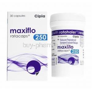 Maxiflo Rotacap, Formoterol 6mcg and Fluticasone Propionate 250mcg box and bottle