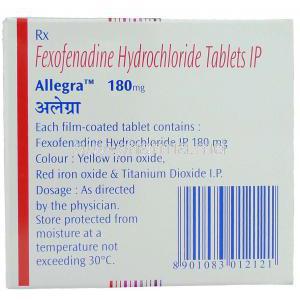 Allegra, Fexofenadine Hcl 180mg Box Information