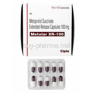 Metolar, Metoprolol Succinate 100mg box and capsules