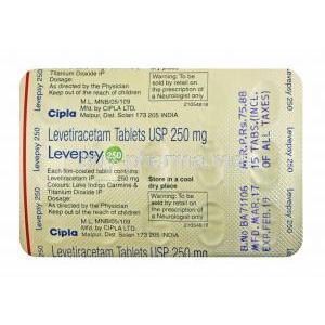 Levepsy, Levetiracetam 250mg tablets back