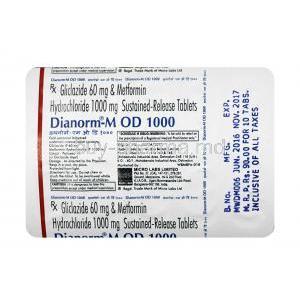 Dianorm-M OD, Gliclazide 60mg + Metformin 1000mg, SR Tablet, Sheet information