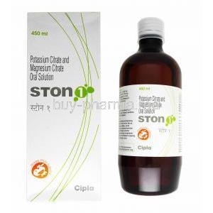 Ston 1 Oral Solution, Potassium Citrate and Magnesium Citrate 450mg box and bottle