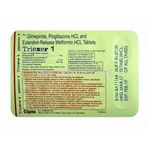 Triexer, Glimepiride 1mg, Metformin 500mg and Pioglitazone 15mg tablet back