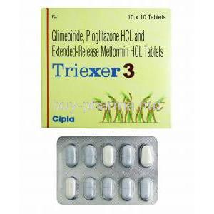 Triexer, Glimepiride 3mg, Metformin 500mg and Pioglitazone 15mg box and tablets