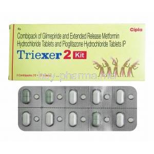 Triexer Kit, Glimepiride 2mg, Metformin 500mg and Pioglitazone 15mg box and tablets