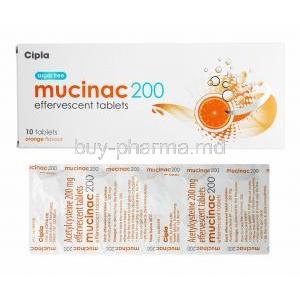 Mucinac Orange Flavour, Acetylcysteine 200mg box and tablets