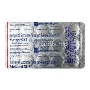 Metapro XL, Metoprolol 50mg, Tablet, Box Sheet information