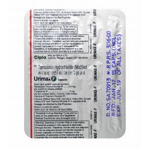 Urimax F, Tamsulosin and Finasteride capsule back