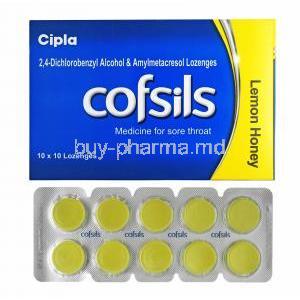 Cofsils Lozenges Lemon Honey Flavour, box and lozenges