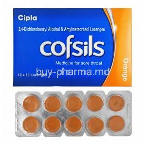 Cofsils Lozenges Orange Flavour, box and lozenges