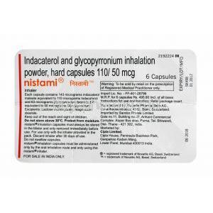 Nistami Inhaler, Indacaterol and Glycopyrrolate capsule back