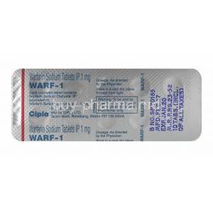 Warf, Warfarin 1mg tablets back