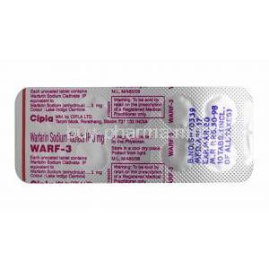 Warf, Warfarin 3mg tablets back