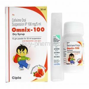 Omnix Dry Syrup Strawberry Flavour, Cefixime 100mg box and bottle