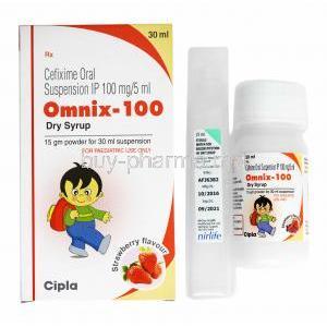 Omnix Dry Syrup Strawberry Flavour, Cefixime 100mg box and bottle