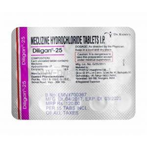 Diligan, Meclizine 25mg tablet back