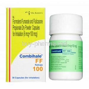 Combihale FF Redicaps, Formoterol 6mcg and Fluticasone Propionate 100mcg box and capsule bottle