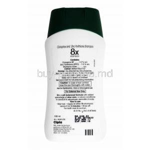 8X Shampoo, Ciclopirox and Zinc pyrithione bottle back