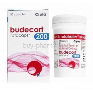 Budecort Rotacap, Budesonide 200mcg box and capsule bottle