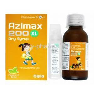 Azimax Dry Syrup, Azithromycin 200mg box and bottle