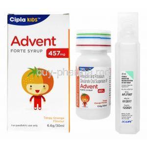 Advent Oral Suspension Orange Flavour, Amoxycillin 400mg and Clavulanic Acid 57mg box and bottle