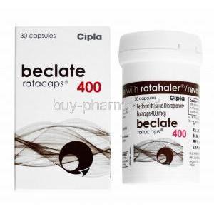 Beclate Rotacap, Beclometasone 400mcg boxand capsule bottle