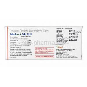 Telmipack Trio, Telmisartan, Cilnidipine amd Chlorthalidone 12.5mg composition